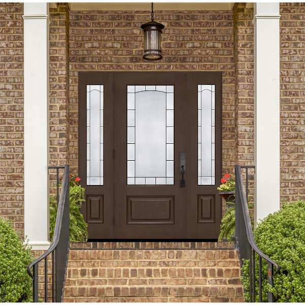 Regency 64 in. x 80 in. 3/4L Empire Decorative Glass LHIS Hickory Mahogany Fiberglass Prehung Front Door w/12inSLs6-9/16