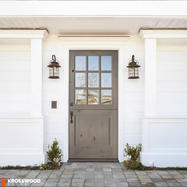 36 in. x 80 in. Farmhouse Knotty Alder Right-Hand/Inswing 9 Lite Clear Glass Grey Stain Dutch Wood Prehung Front Door
