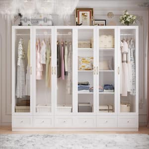 White Wood 94.4 in. W Tempered Glass Doors Big Armoires Wardrobe with Hanging Rods, Drawers 78.7 in. H x 19.7 in. D