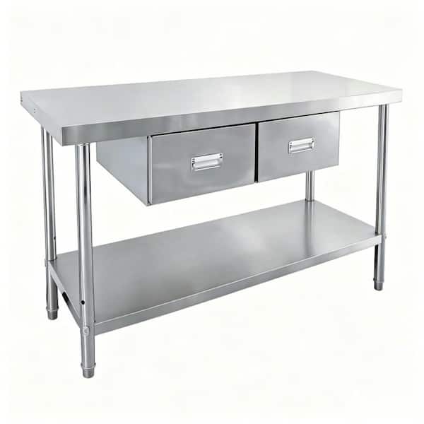 Stainless‑Steel Work Table with Drawers,48"×24",Adjustable Undershelf,Commercial Prep Table,Restaurant & Kitchen Use