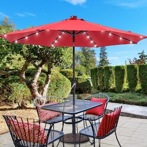 9 ft. Solar LED Market Patio Umbrellas with Solar Lights and Tilt Button in Red
