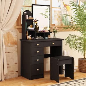 5-Drawers Black Makeup Vanity Sets Dressing Table Sets With Stool, Mirror, LED Light and 3-Tier Storage Shelves