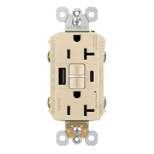 Legrand radiant 20 Amp 125-Volt Tamper Resistant GFCI Residential/Commercial Decorator Duplex Outlet with Type A/C USB, Ivory