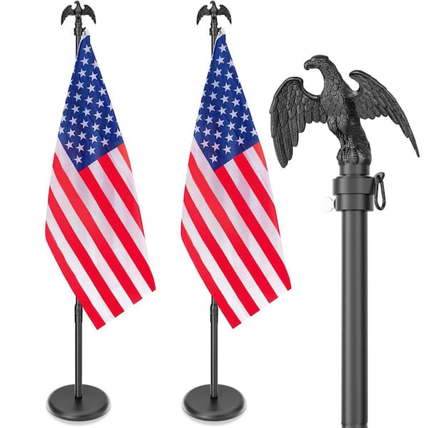 8 ft. Metal Flagpole with Weighted Base, Eagle Topper, 3x5 ft. American Flag for Office School City Hall, Black (2-Pack)