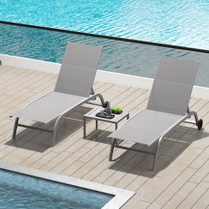 3-Piece Grey Outdoor Adjustable Chaise Lounge with Side Table