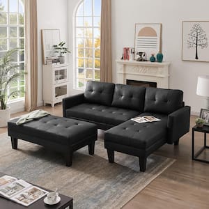 80.71 in. Black Faux Leather L-shape 4-Seats Sofa Bed with Ottoman Bench and Solid Manufactured Wood Frame