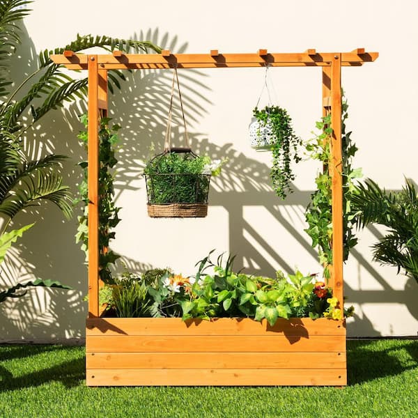 44 in. x 18 in. x 45 in. Natural Wood Raised Garden Bed with Arch Trellis, Wood Planter Box with Hanging Roof