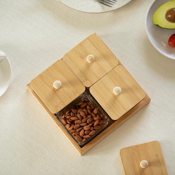Basicwise Set of 4 Square Glass Jars with Bamboo Lids and Wooden
