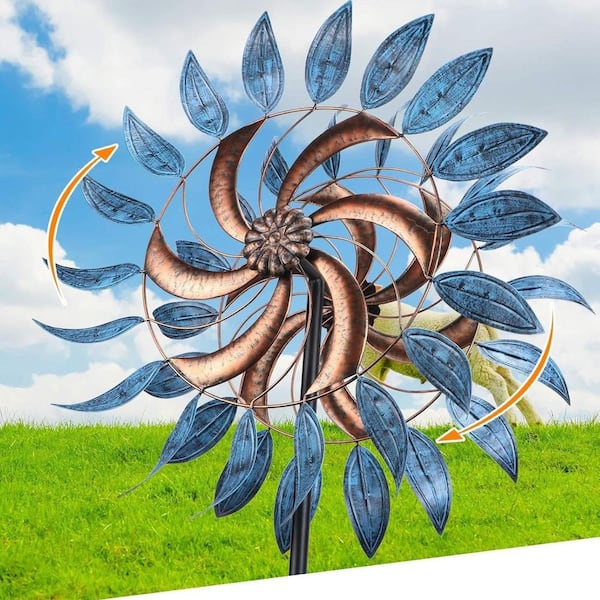 74 in. Blue Metal Large Two-Way Wind Spinner for Garden Patio Yard
