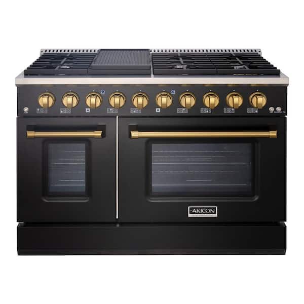 Akicon 48in. 8 Burners Freestanding Gas Range in Black and Gold with Convection Fan Cast Iron Grates and Black Enamel Top