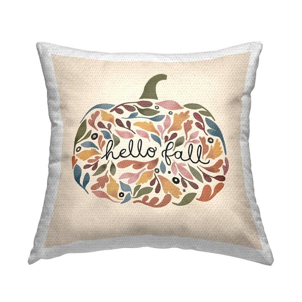 Hello Fall Mixed Leaves Pumpkin Shape Calligraphy Tan Square Outdoor Throw Pillow