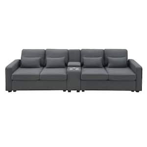 114.20 in. Straight Arm Polyester Rectangle Sofa in Dark Gray with Console, Cup Holders and USB Ports