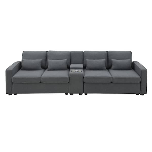Polibi 114.20 in. Straight Arm Polyester Rectangle Sofa in Dark Gray with Console, Cup Holders and USB Ports