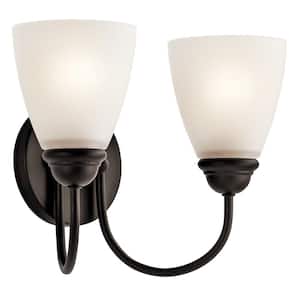 Jolie 13 in. 2-Light Olde Bronze Transitional Bathroom Vanity Light with Satin Etched Glass