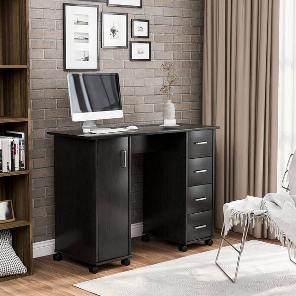 ATHMILE 59.06 in. Teak Home Office Computer Desk with Hutch, Brown