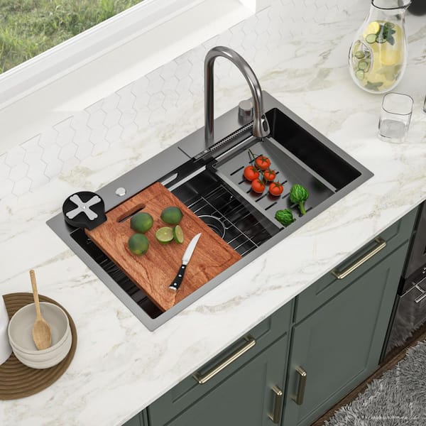 33 x 19 in. Drop-In Single Bowl 16 Gauge Gunmetal Black Stainless Steel Workstation Kitchen Sink with Waterfall Faucet