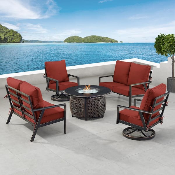 Oakland Living Black 7-Piece Aluminum Patio Fire Pit with 2-Deep Seating Loveseat and 2-Club Chairs Red Cushions