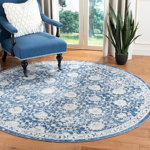 Brentwood Navy/Cream 5 ft. x 5 ft. Round Multi-Floral Border Distressed Area Rug