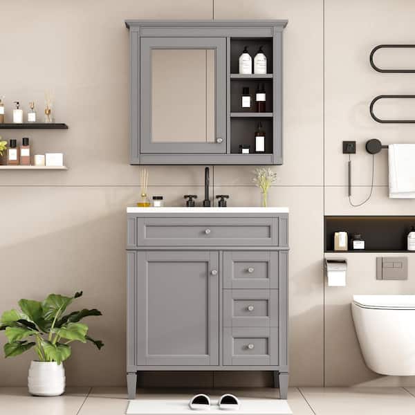 Unbranded 30 in. W x 18 in. D x 33 in. H Single Sink Freestanding Bath Vanity in Gray with White Ceramic Top and Mirror Cabinet