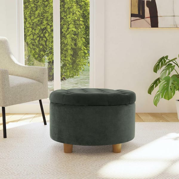 Homepop Button Tufted Loden Green Velvet Round Tuted Ottoman with Storage