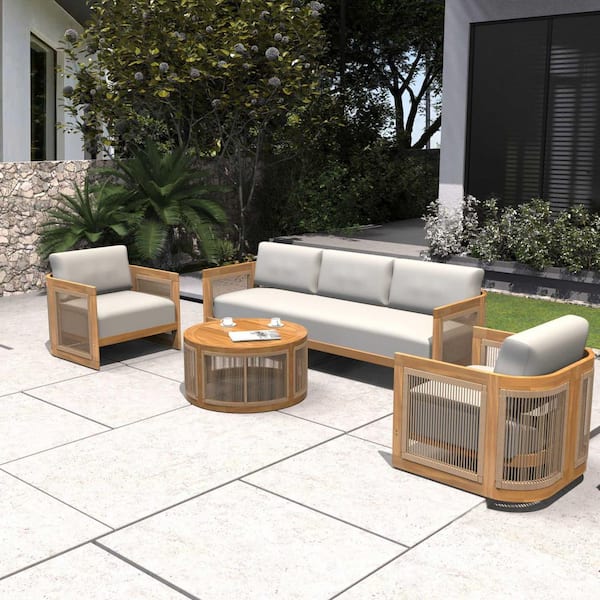 Numa Natural 4-Piece Acacia Wood Patio Conversation Sofa Set with Olefin Beige Cushions and Coffee Table