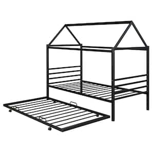 Black Metal Frame Twin Size House Shape Platform Bed with Trundle