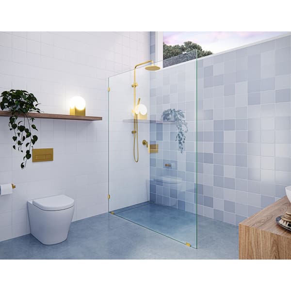 Vela 55 in. W x 78 in. H Frameless Fixed Single Panel Shower Door in Satin Brass Without Handle