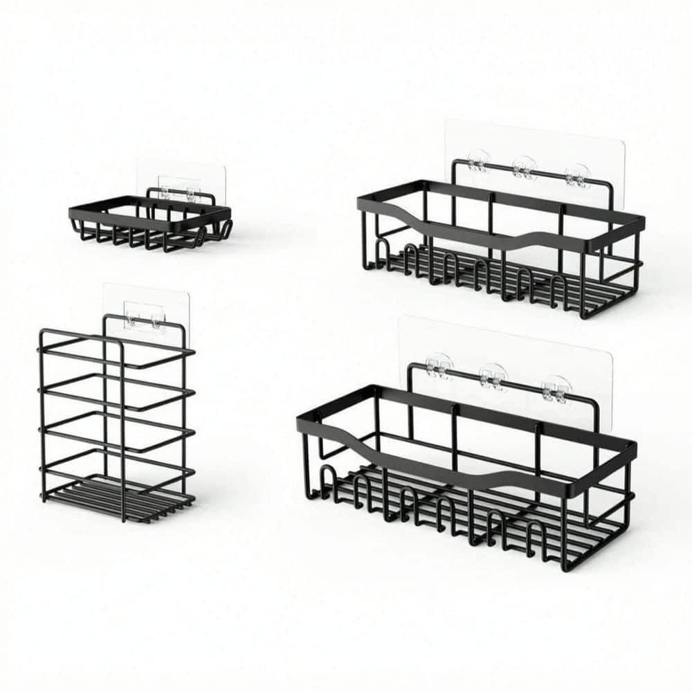 Numhew 5-Pack Black Stainless Steel Adhesive Shower Caddy Included in 2 Shower Caddies 2 Soap Holders 1 Toothbrush Holder