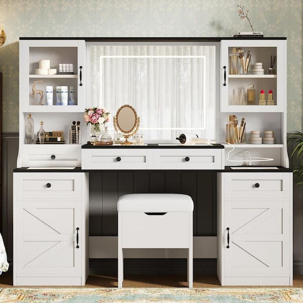 White 61.5 in. W Makeup Vanity with 5 Drawers, Dresser with Glass Visual Desktop and Cushion Stool