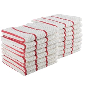 Cotton Dish Cloths 16 Pack - 12 x 12 Dish Cloths for Washing Dishes, Scrubbing, and Drying -Solid White with Red Stripes