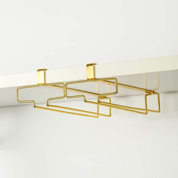 2-Pack Under Cabinet Iron Wine Glass Holder, Hanging Storage Rack Organizer for Kitchen, Gold