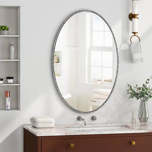 Silver 25.6 in W x 39.37 in. H Art Deco Oval Iron Framed Mirror Wall Mirror Vanity Mirror