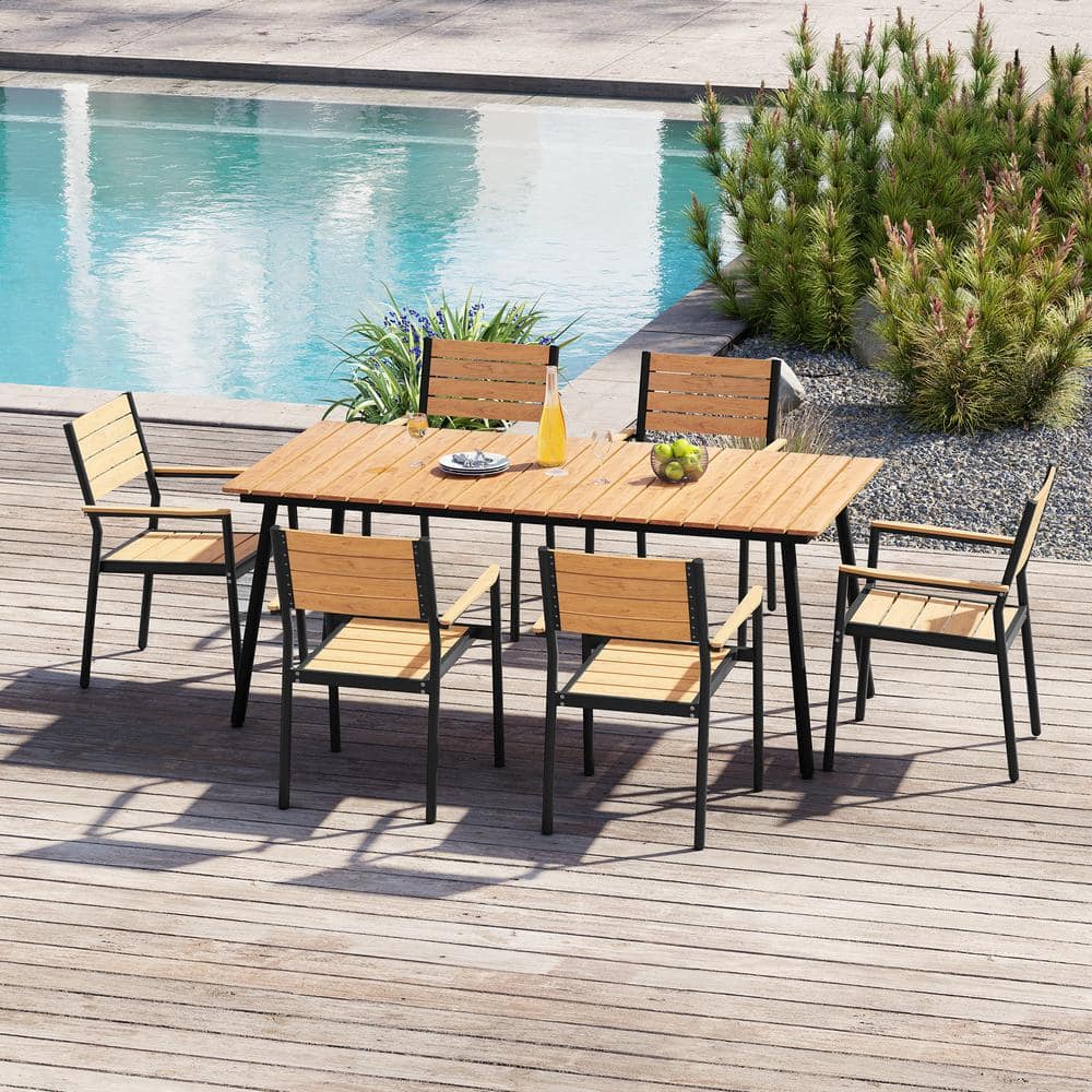 Brown 7-Piece Aluminum Rectangular 70.8 in. Table Outdoor Dining Set with Armchairs