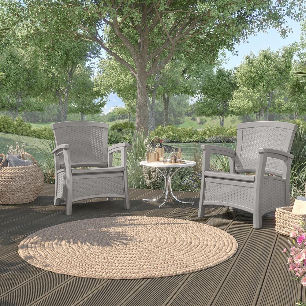 Dove Gray Wicker-Style Plastic Outdoor Armchair with Storage