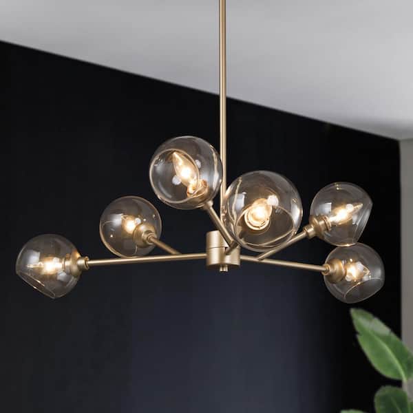 6-Ligh Gold Sputnik Globe Chandelier with Glass Shades, Mid-Century Modern Dining Room Flush Mount Chandelier