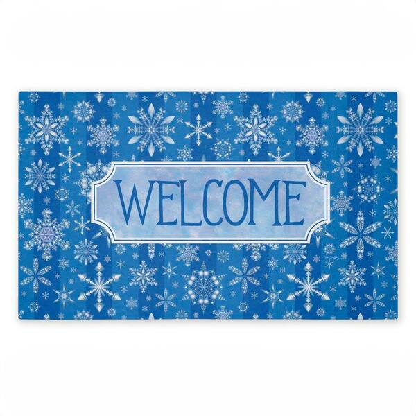 Welcome Blue Falling Snowflakes Blue 18 in. x 30 in. Polyester Non-Slip Outdoor Door Mat