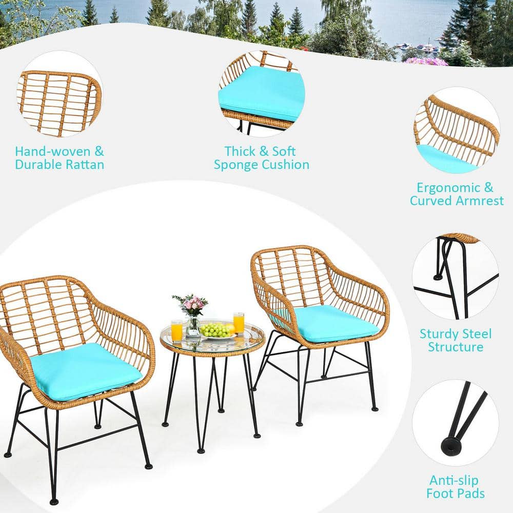Turquoise Cushioned Rattan Armchair Set with Glass Table