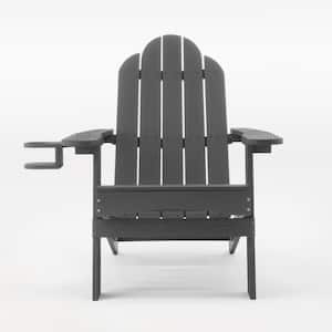 Miranda Folding Dark Gray Recycled Plastic HIPS Outdoor Patio Adirondack Chair with Cup Holder For Garden/Firepit/Pool