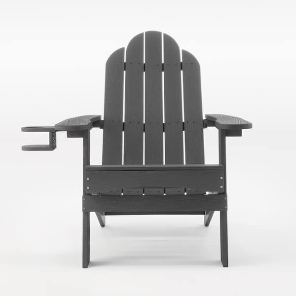 LUE BONA Miranda Folding Dark Gray Recycled Plastic HIPS Outdoor Patio Adirondack Chair with Cup Holder For Garden/Firepit/Pool