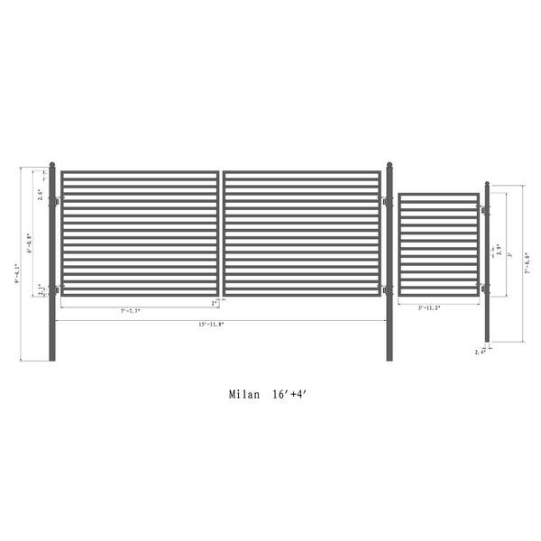 ALEKO 21 ft. x 6 ft. Black Steel Dual Swing Driveway Gate Milan Style 16 ft. with Pedestrian Gate 5 ft. Fence Gate
