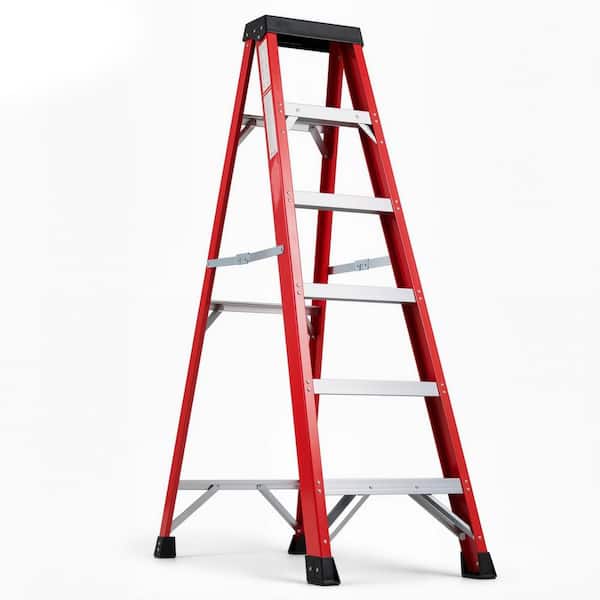 5.2 ft. Fiberglass Insulation Single-Sided Step Ladder (10 ft. Reach) with Tool Holder, 330 lb. Load Capacity, Red