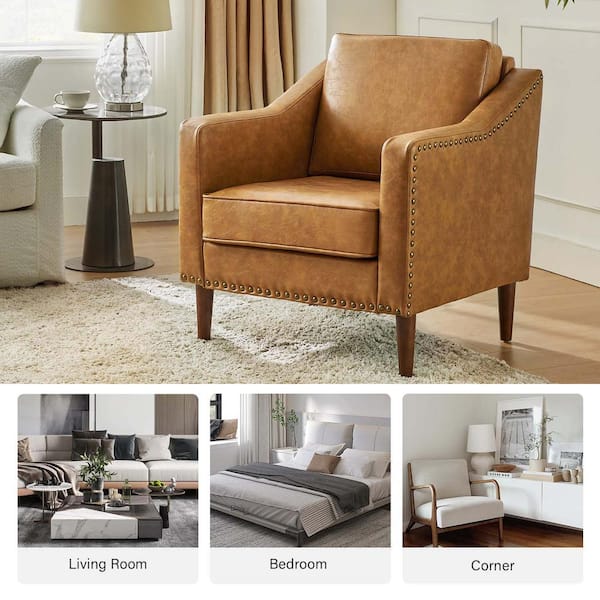 JAYDEN CREATION Celio Vegan Leather Camel Armchair with Solid wood