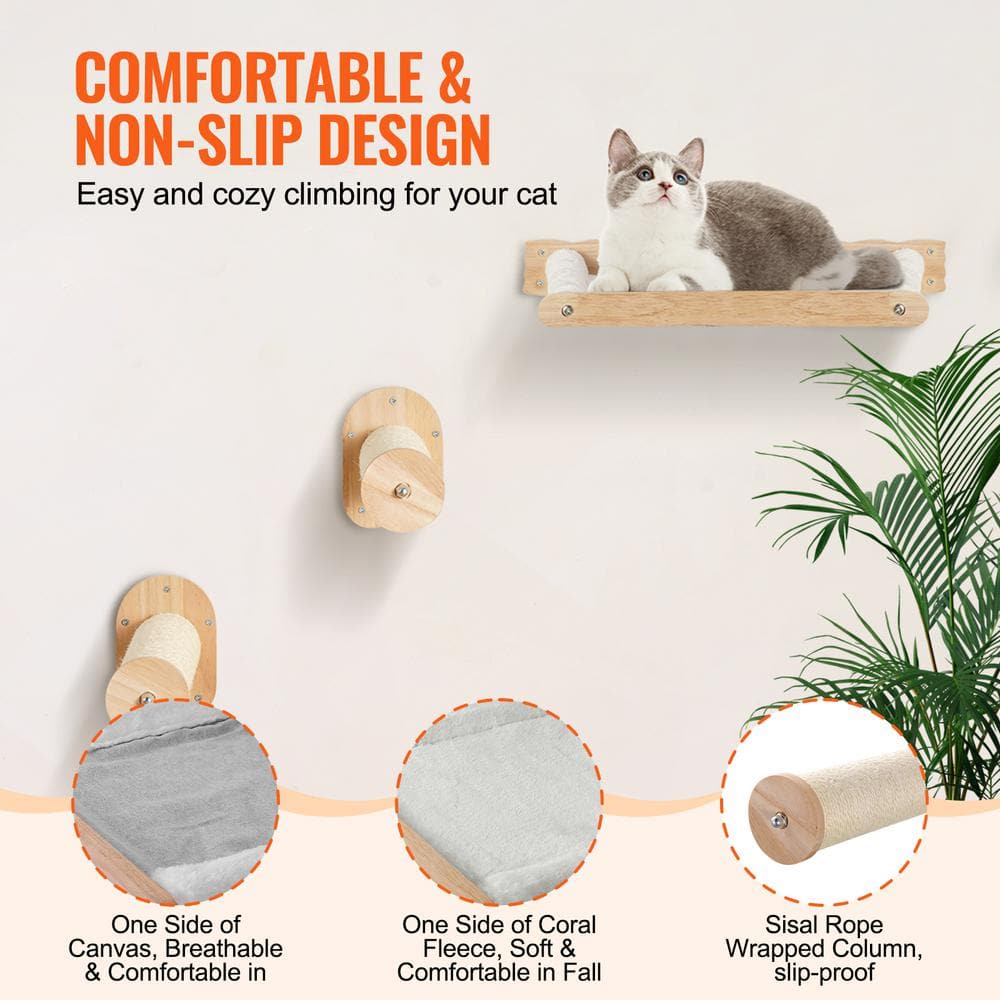 Natural Oak Wall Mounted Cat Shelves with Hammocks and Posts