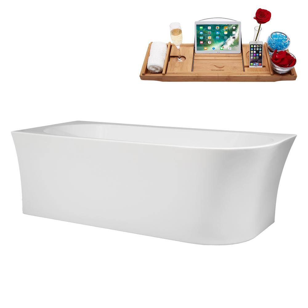 67" Glossy White Acrylic Freestanding Soaking Tub with Tray