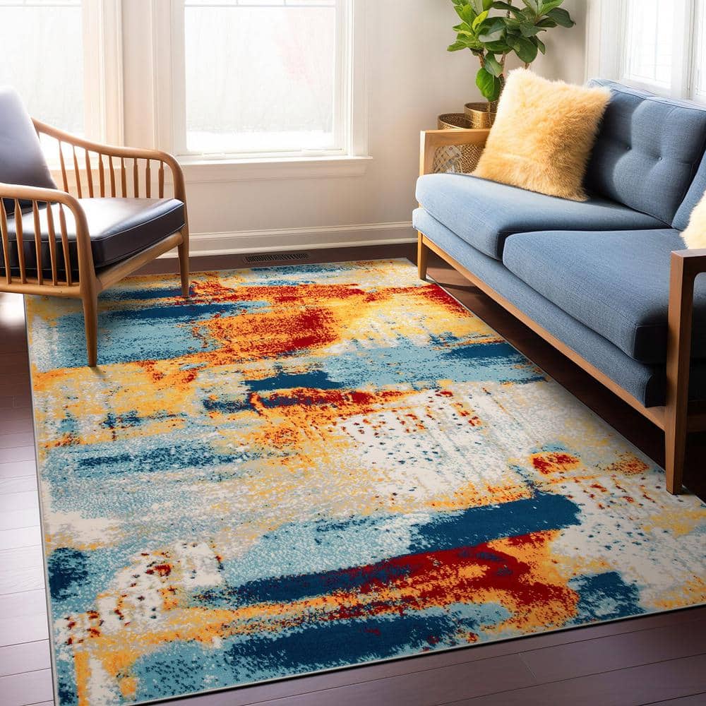 Large Blue and Orange Abstract Synthetic Area Rug