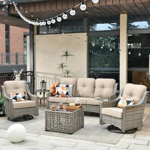 Verona Grey 5-Piece Wicker Modern Outdoor Patio Conversation Sofa Seating Set with Swivel Chairs and Beige Cushions