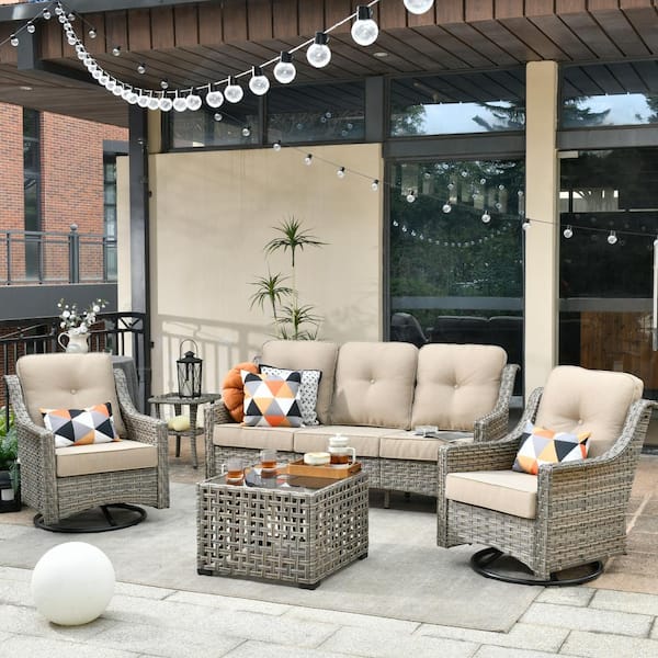HOOOWOOO Verona Grey 5-Piece Wicker Modern Outdoor Patio Conversation Sofa Seating Set with Swivel Chairs and Beige Cushions