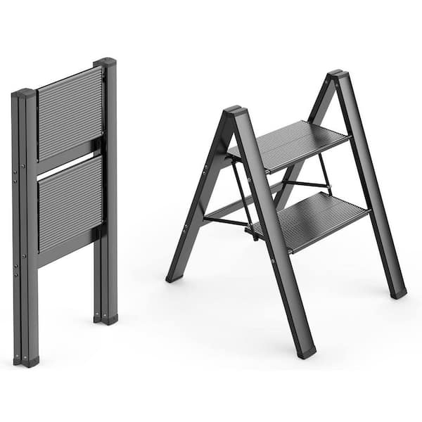 2-Step 8 ft. Reach Aluminum Foldable Step Stool with Anti-Slip Pedals, 300 lbs. Capacity in Black