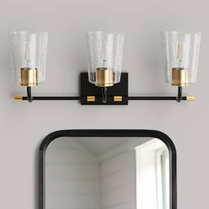 24 in. 3-Light Black Vanity Light with Cone Clear Glass Shades for Bathroom, Mirror, Hallway