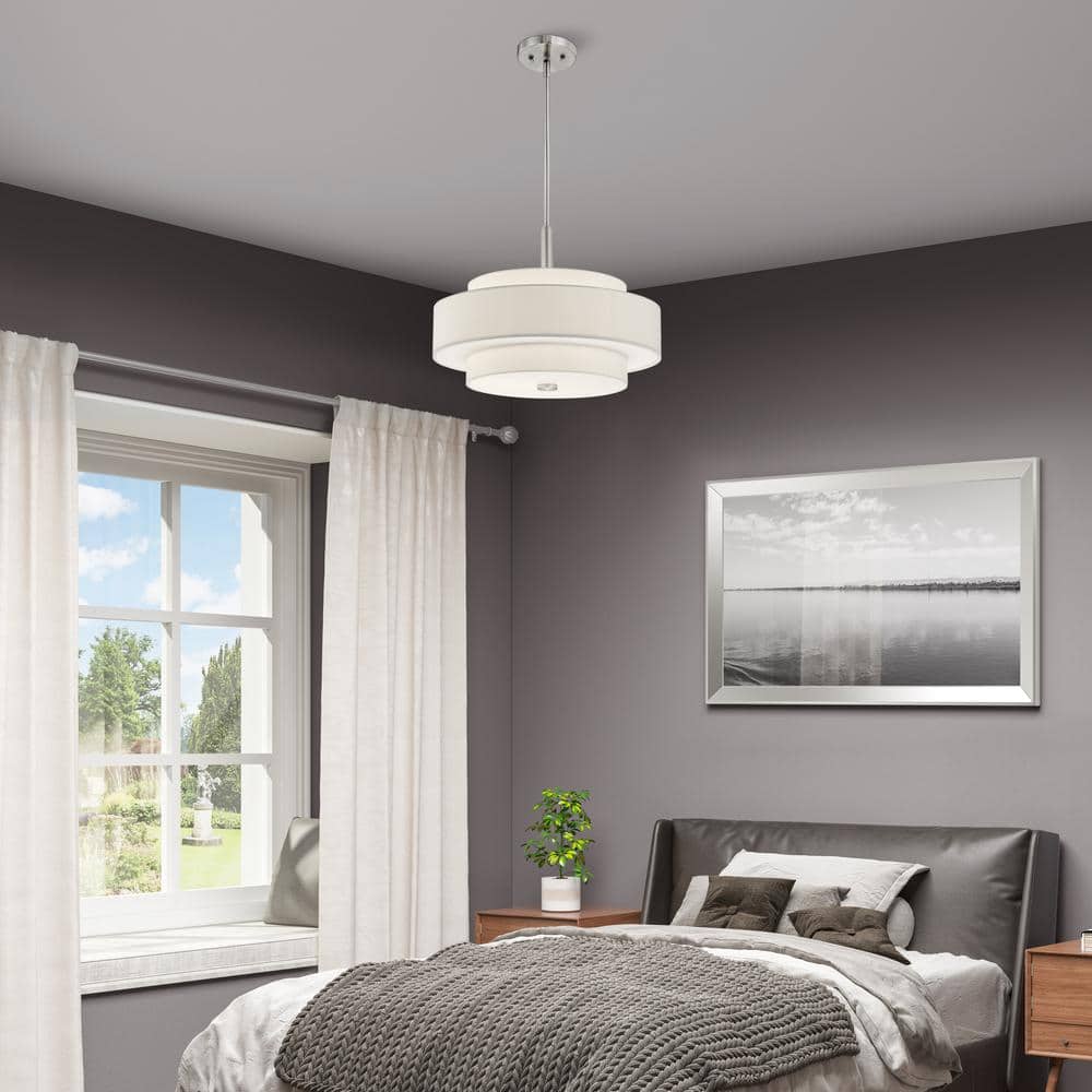 Meridian Brushed Nickel 4-Light Pendant with Off-White Fabric Shade